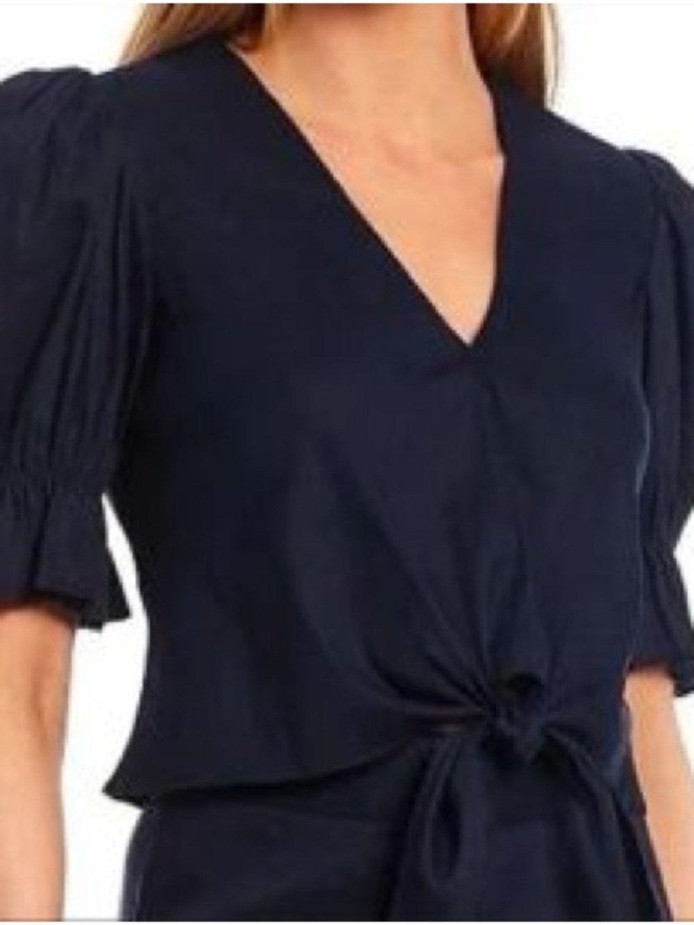 ANTONIO MELANI Super Cute Navy V-Neck Tie-Front Blouse, Size M